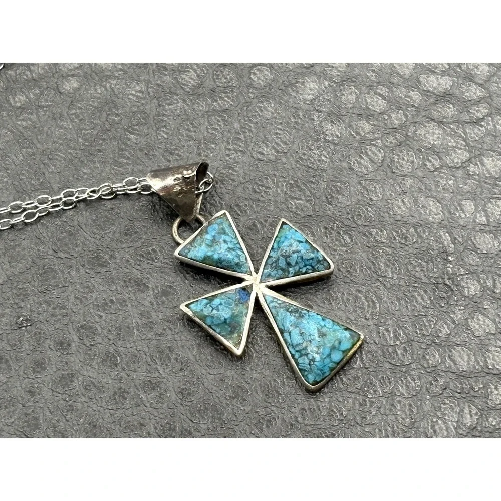 Vintage Sterling Silver Mexico Turquoise Inlay Cross Pendant 15